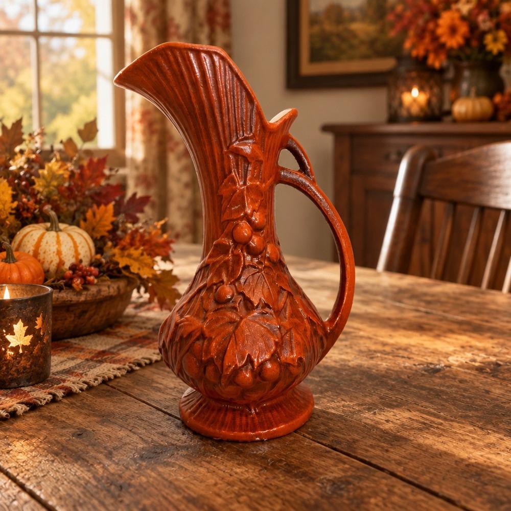 McCoy USA Pottery Pitcher Vase Burnt Orange Embossed Leaf Berry MCM Harvest VTG